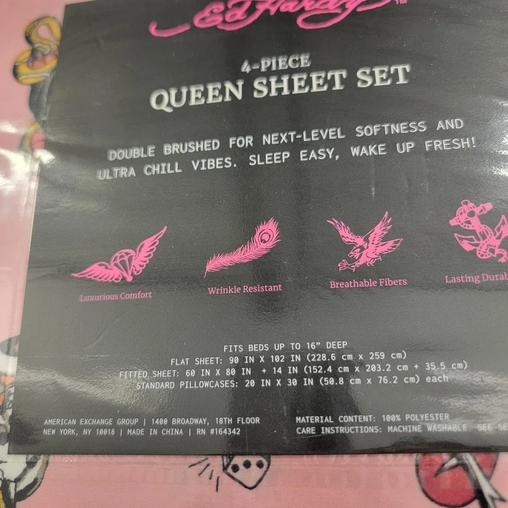 Ed Hardy Sheet Set Queen 4Pc Bedding Sheets Set Pink Tattoo Panther Snake Roses